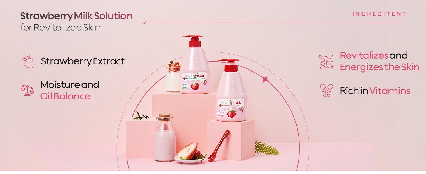 kwailnara korean body wash strawberry milk – korean body cleanser with strawberry extract for hydrated, smooth skin