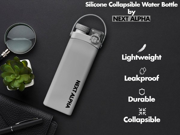next alpha collapsible silicone water bottle with straw bpa free 20oz – gray