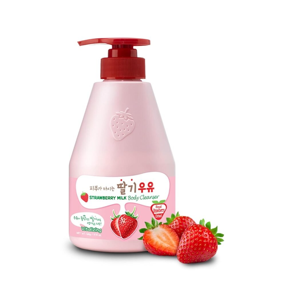 kwailnara korean body wash strawberry milk – korean body cleanser with strawberry extract for hydrated, smooth skin